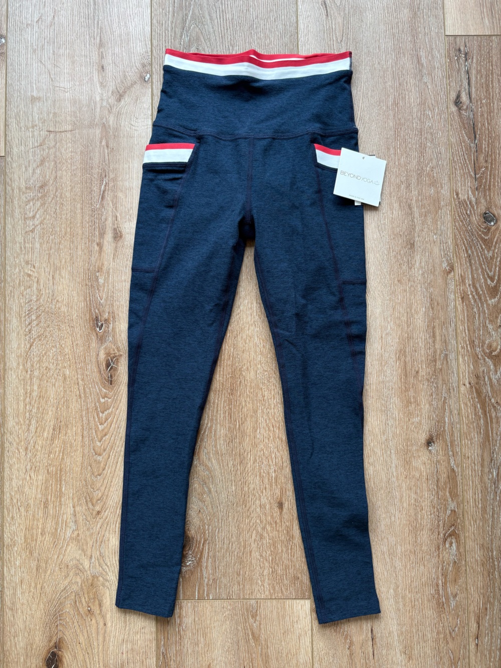 Beyond Yoga Navy High-Waist Leggings with Red & White Trim